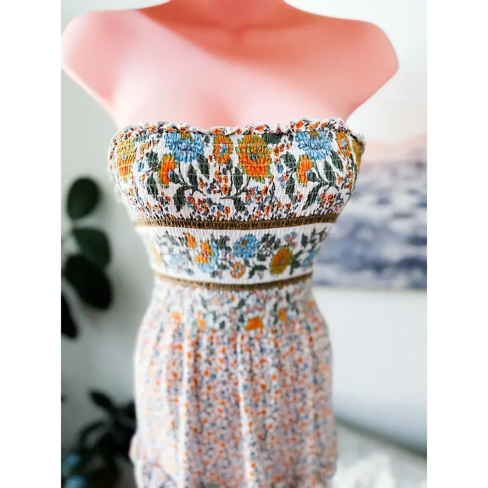 Twirl into Flowers + Wander Wild Meadows Strapless Smocked Tiered Maxi Dress